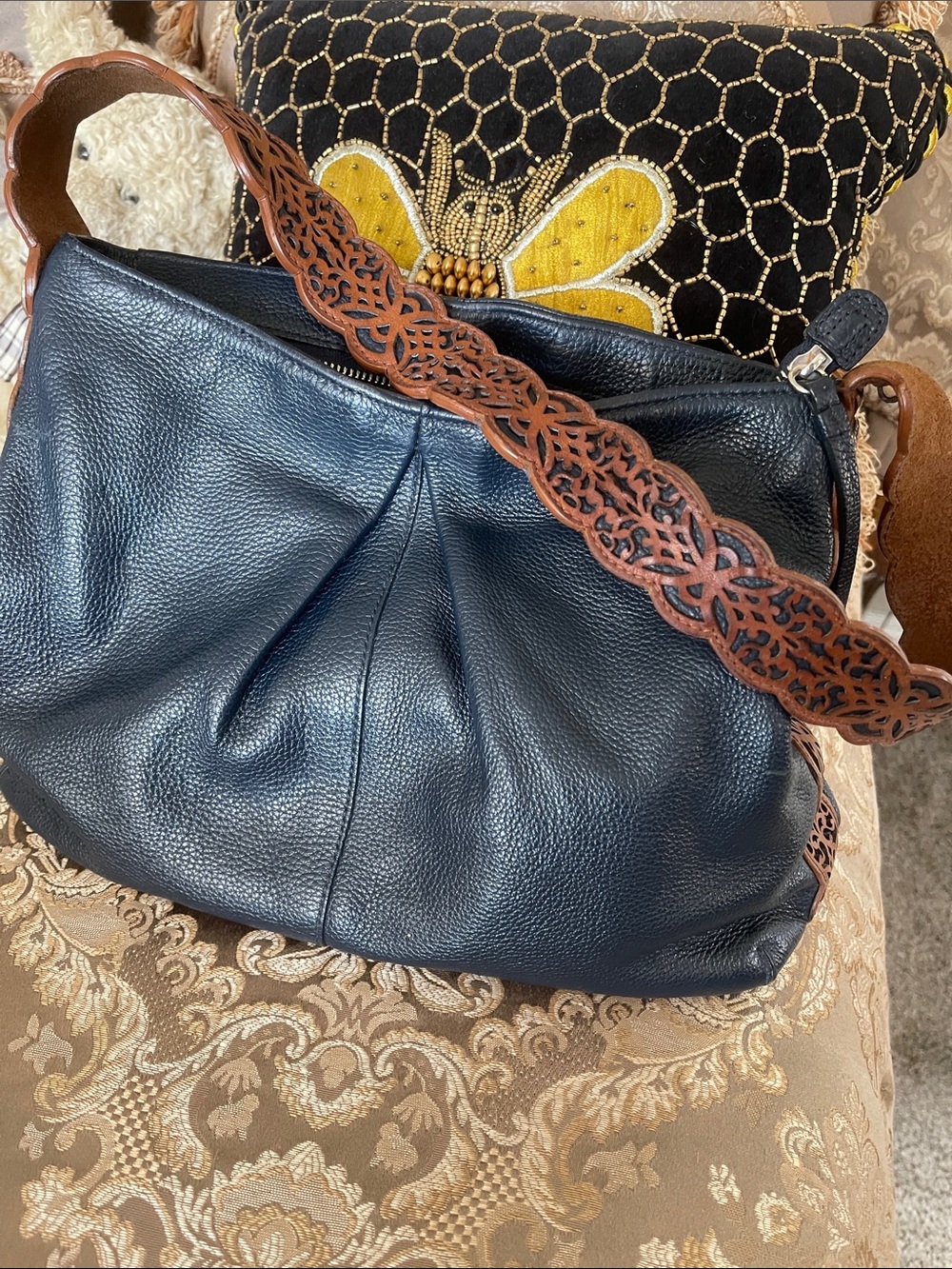 Brighton Black Leather Shoulder Bag with Brown Cutout Strap